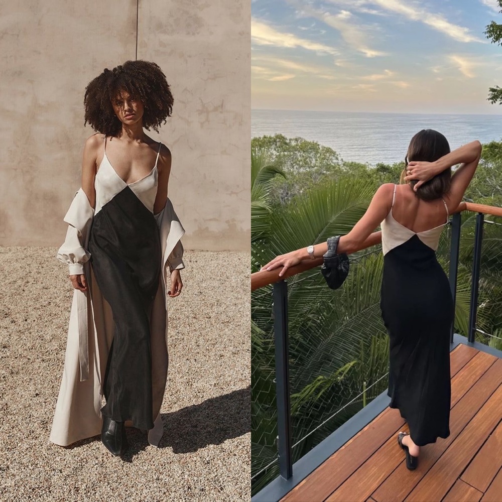 Dissh Dress Seren Midi Sleeveless Satin Slip Vacation Black Two Tone 2 GUC